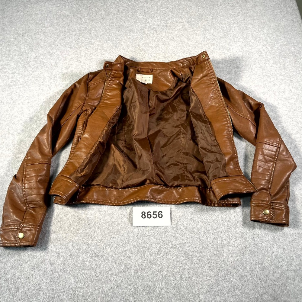 A New Day Cognac Biker Jacket Women Medium Brown Lined Full Zip Quilted Shoulder